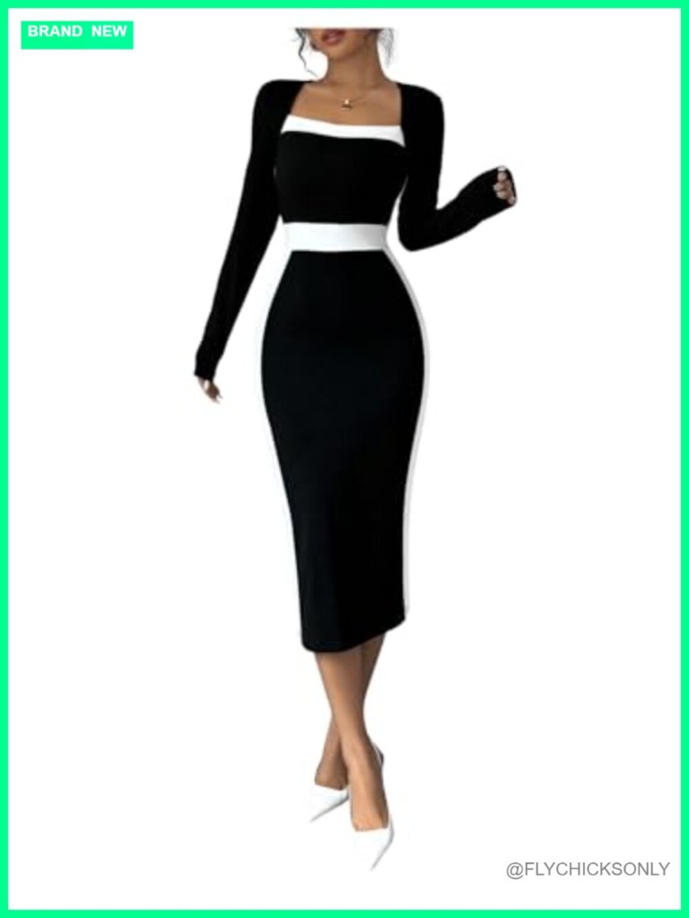 Women's Midi Dress Color Block Square Neck Long Sleeve Bodycon Pencil Dress